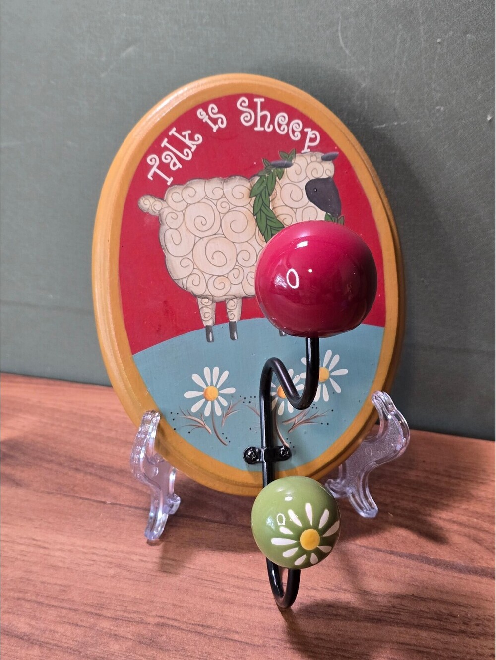 Vintage Country Sheep Wall Hook Wooden Oval Plaque Retro Kitchen Coat Rack